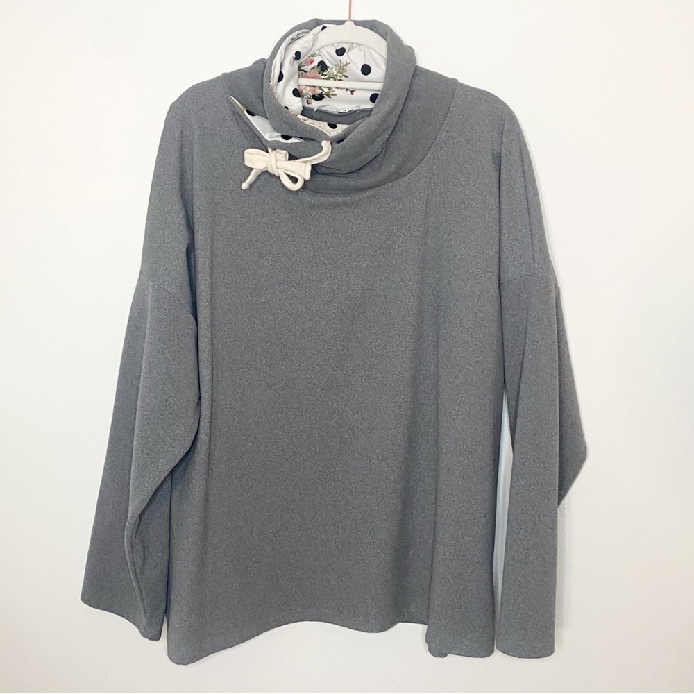 Doublju Gray Cowl Neck Sweater with Polka Dot Peekaboo